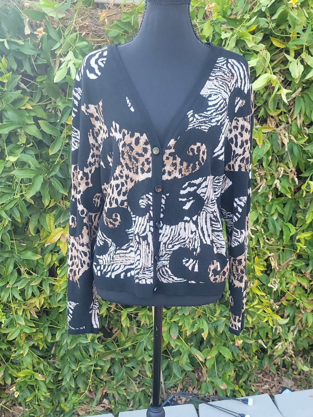 Chicos Black Animal Print V-Neck Button Cardigan Sweater